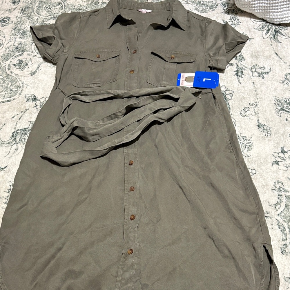 Casual Olive Button-Down Shirt Dress with Waist Tie